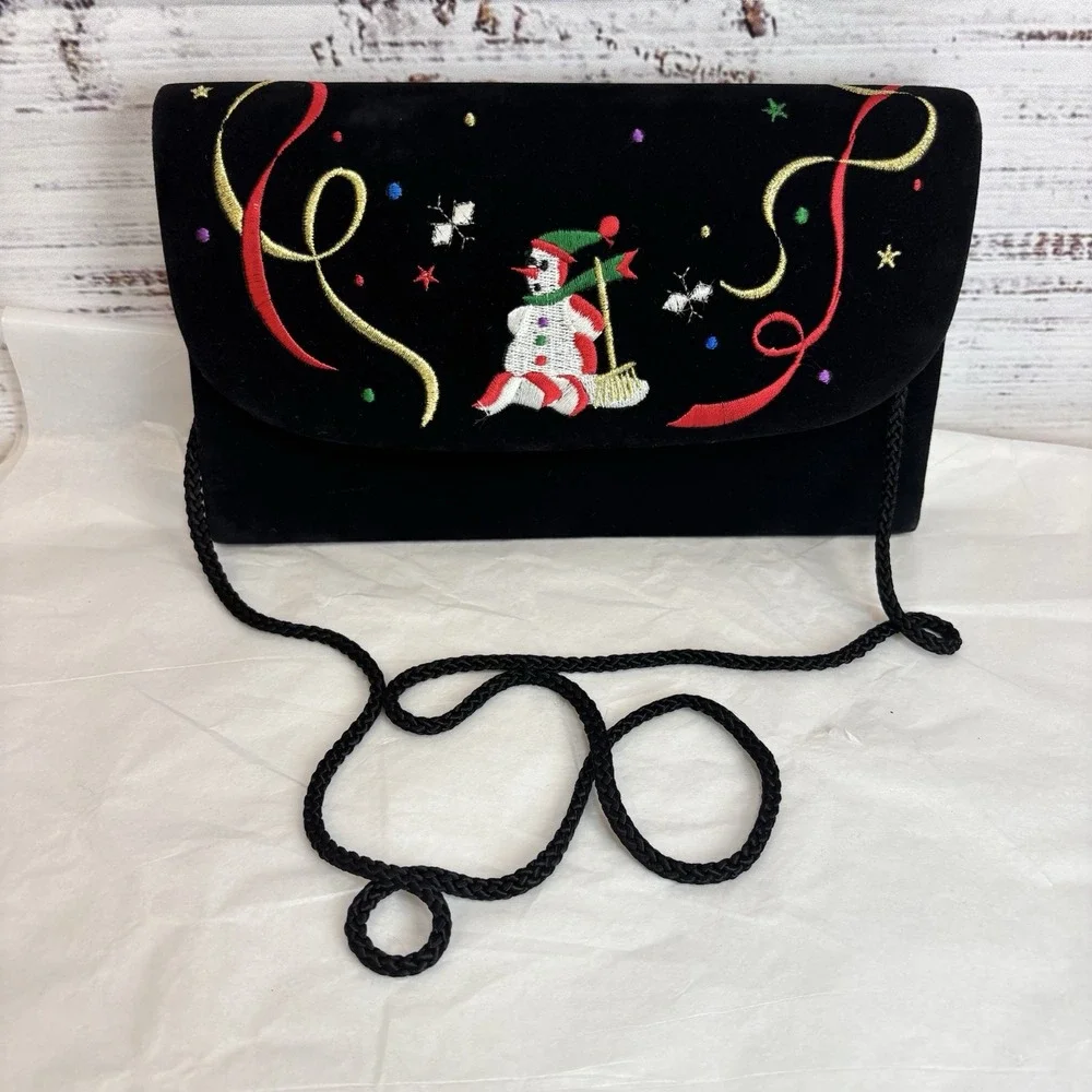Vintage Velvet Christmas Clutch Purse Bag Black Snowman‎ Party Festive Gift